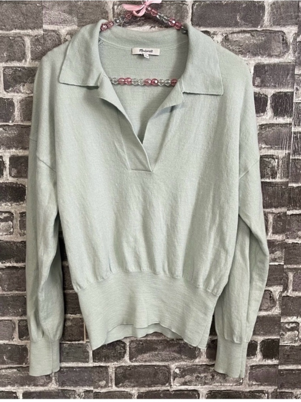 Madewell Pale Mint Collared V-Neck Polo Sweater Merino Wool Size Large